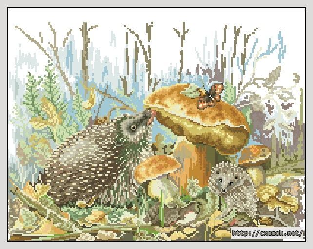 Скачать схему вышивки hedgehogs and mushrooms
