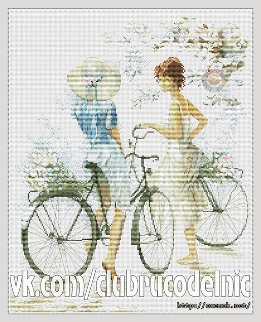 Скачать схему вышивки нитками Две девушки с двумя велосипедами