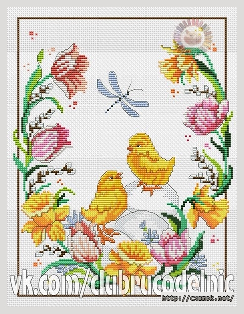 Download embroidery patterns by cross-stitch  - Цыплята и стрекоза