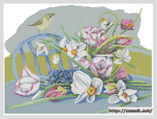 Завантажити схеми вишивки нитками / хрестом  - Цветы с птичкой