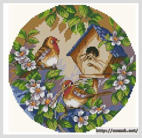 Download embroidery patterns by cross-stitch  - Птички возле скворешника