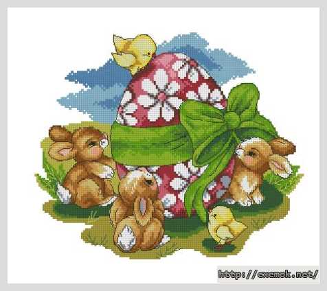 Download embroidery patterns by cross-stitch  - Зайчата и цыплята с пасхальным яйцом