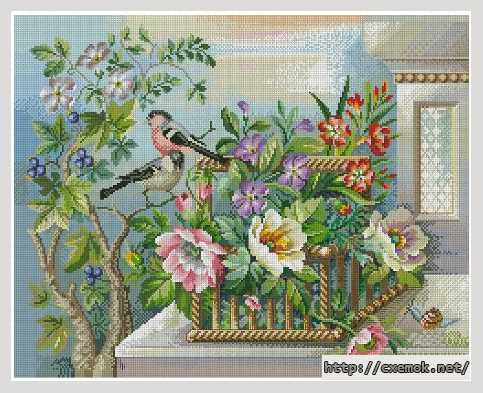 Download embroidery patterns by cross-stitch  - Цветочная корзина и птицы