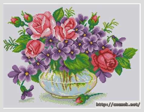 Download embroidery patterns by cross-stitch  - Розы и фиалки в стеклянной вазе