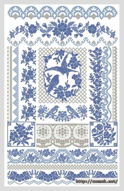 Download embroidery patterns by cross-stitch  - Голубой орнамент с птицами