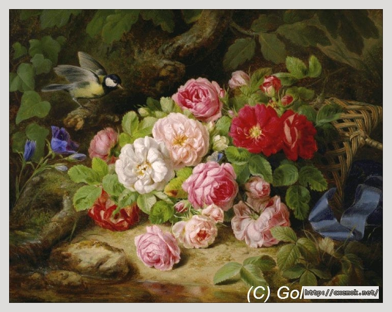 Скачать схемы вышивки нитками / крестом  - Bouquet of roses with blue ribbon, автор 