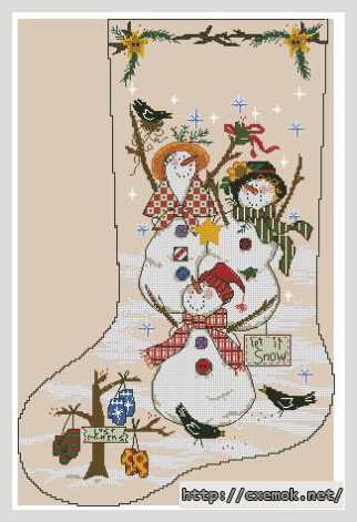 Скачать схемы вышивки нитками / крестом  - Сапожок снеговики
