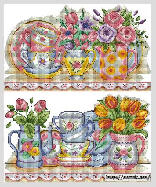 Download embroidery patterns by cross-stitch  - Сервизы с букетиками