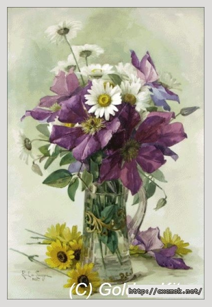 Скачать схемы вышивки нитками / крестом  - Large purple clematis and white daisies, автор 