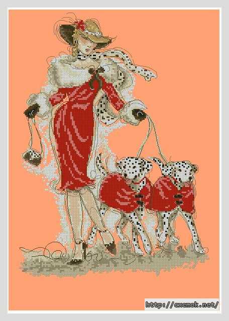 Скачать схемы вышивки нитками / крестом  - Дама с собачками (далматинцы)