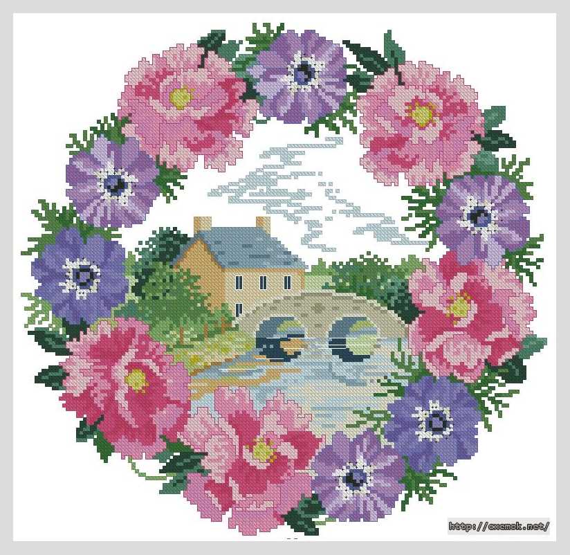 Download embroidery patterns by cross-stitch  - Домик в венке из цветов