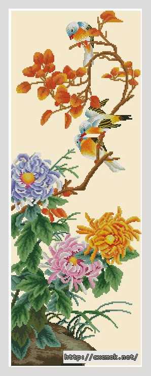 Download embroidery patterns by cross-stitch  - Птицы на цветущей ветке пионов