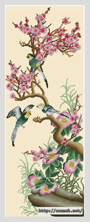 Скачать схему вышивки нитками Птицы на цветущей ветке сакуры