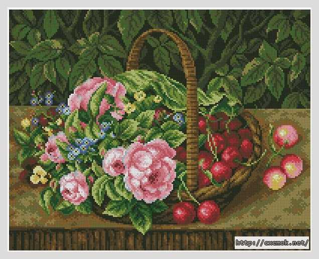 Download embroidery patterns by cross-stitch  - Корзина с цветами и вишнями