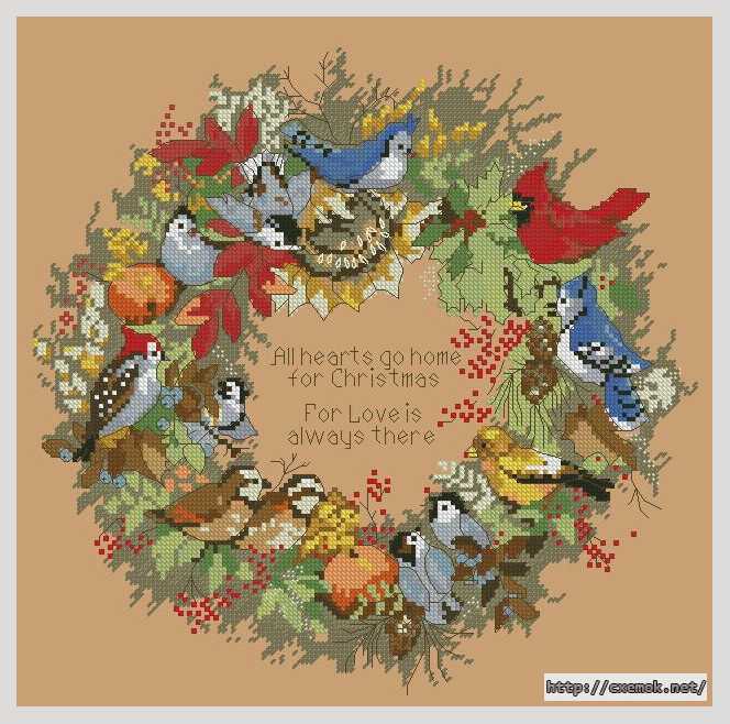 Download embroidery patterns by cross-stitch  - Осенний венок с птичками