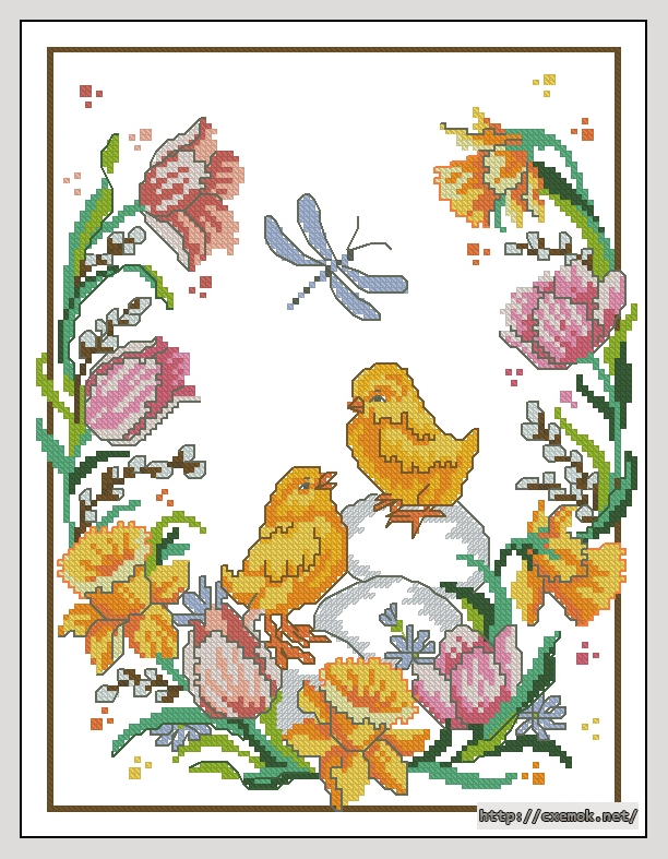 Download embroidery patterns by cross-stitch  - Цыплята и стрекоза