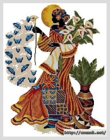 Завантажити схеми вишивки нитками / хрестом  - Африканская женщина и бабочки
