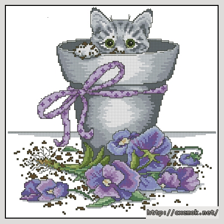 Скачать схему вышивки нитками Flowerpot Kitty, автор 
