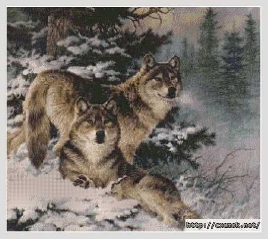 Скачать схему вышивки нитками Волки в лесу
