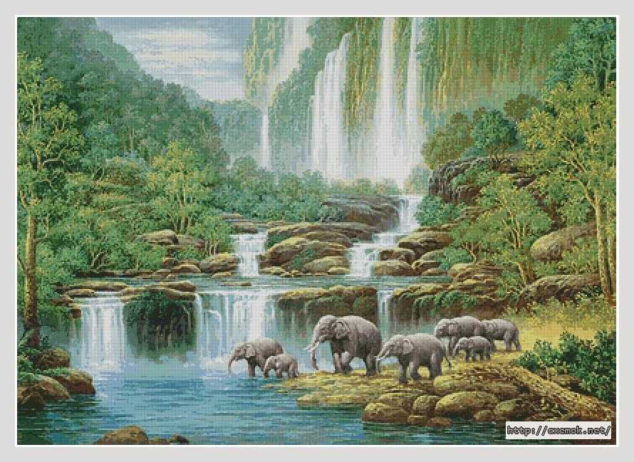 Скачать схему вышивки нитками Слоны у водопада