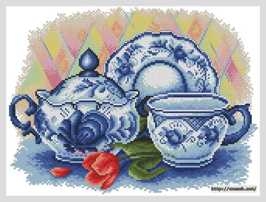 Download embroidery patterns by cross-stitch  - Посуда и тюльпан (гжель)