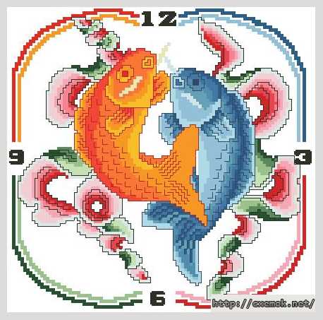 Download embroidery patterns by cross-stitch  - Часы с рыбками