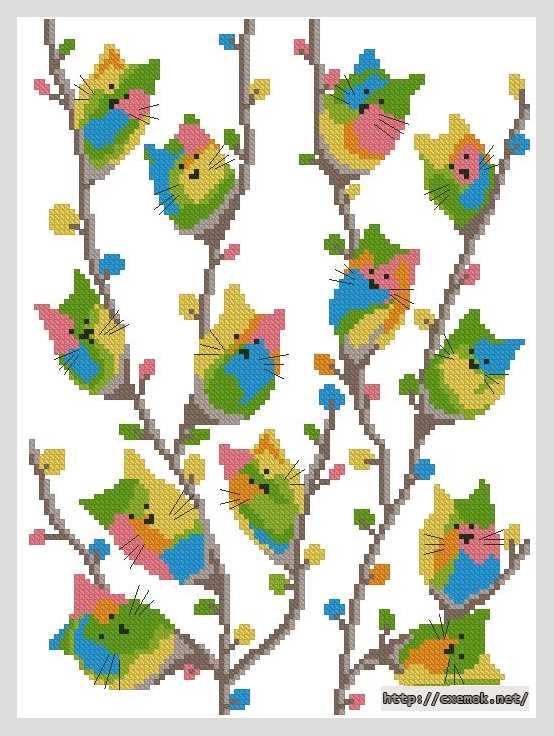 Download embroidery patterns by cross-stitch  - Цветные кошки на иве