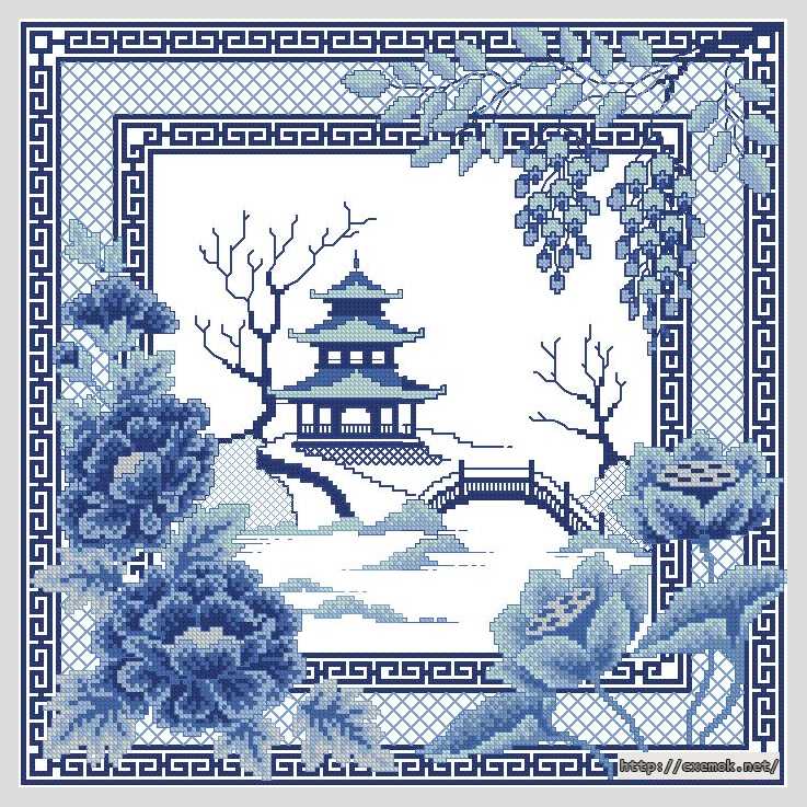 Скачать схему вышивки нитками Синий китайский пейзаж
