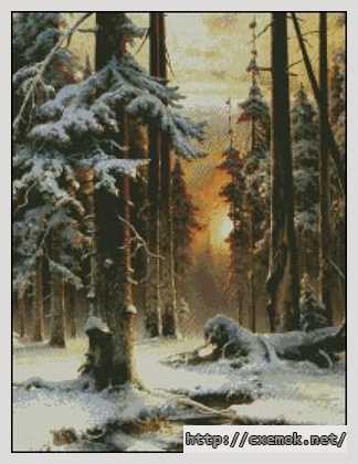 Скачать схему вышивки нитками Зимний закат в еловом лесу