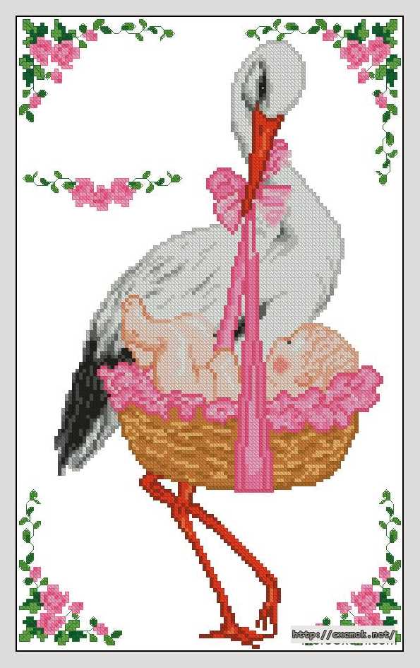 Download embroidery patterns by cross-stitch  - Аист с корзинкой