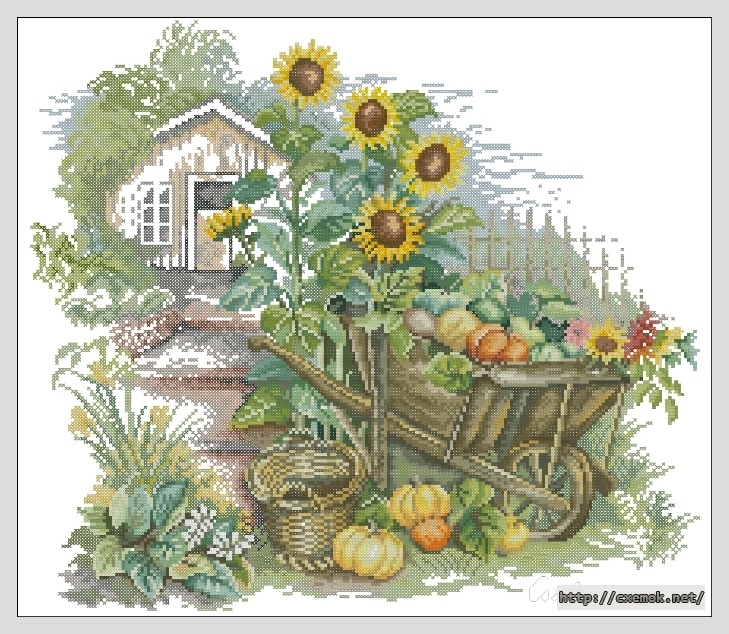 Скачать схему вышивки нитками Wheelbarrow & Sunflowers, автор 