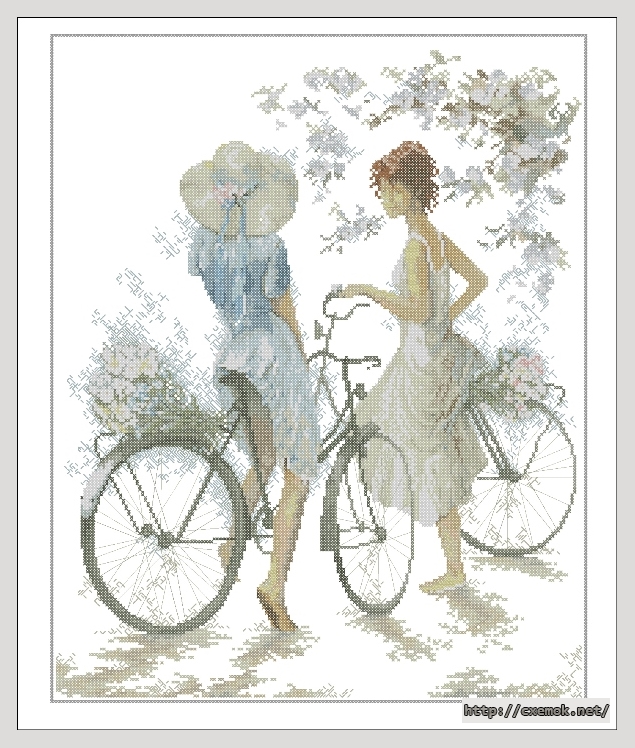 Скачать схемы вышивки нитками / крестом  - Twee meisjes met twee fietsen, автор 