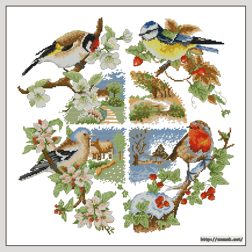 Скачать схему вышивки нитками Birds and Seasons, автор 