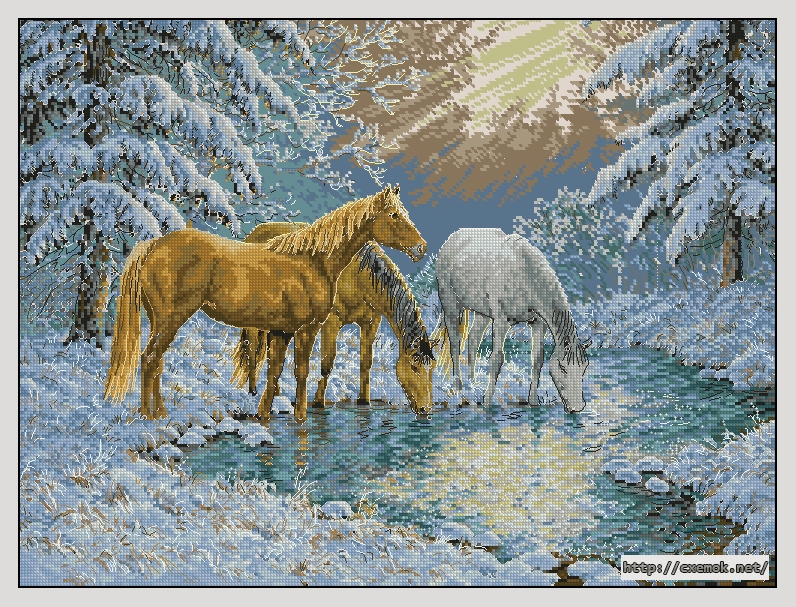 Скачать схемы вышивки нитками / крестом  - Sunlit stream horses, автор 