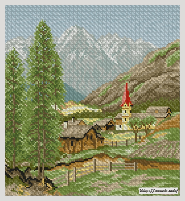 Download embroidery patterns by cross-stitch  - Villange in mountains