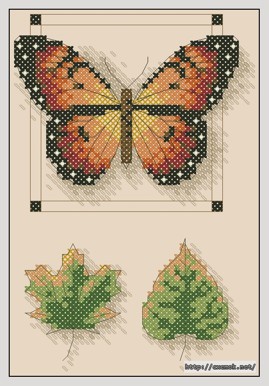 Скачать схемы вышивки нитками / крестом  - Butterfly and leaves, автор 