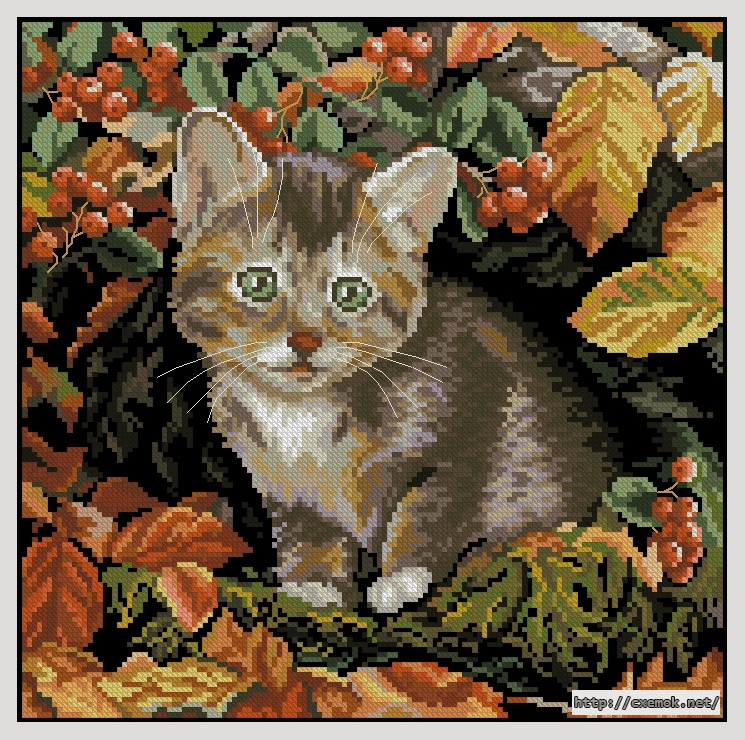 Скачать схемы вышивки нитками / крестом  - Осенний котенок, автор 