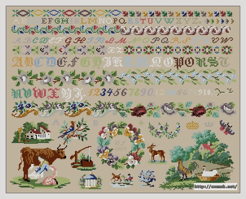 Download embroidery patterns by cross-stitch  - 1864 ef sampler floral wreath