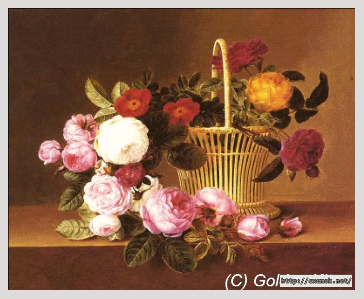 Download embroidery patterns by cross-stitch  - A basket of roses on a ledge (johan laurentz jensen), author 