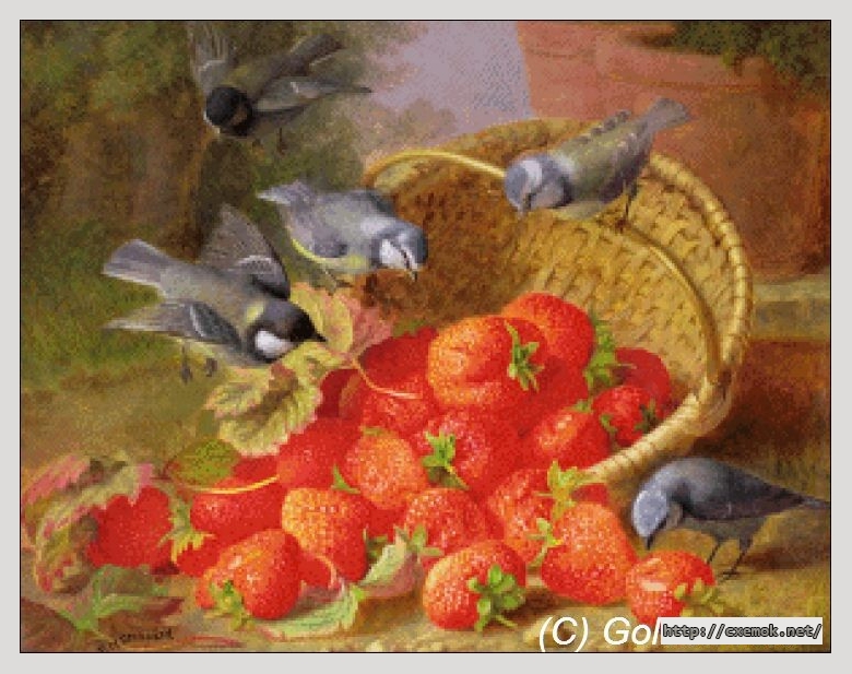 Download embroidery patterns by cross-stitch  - Still life, strawberries and bluetit, author 