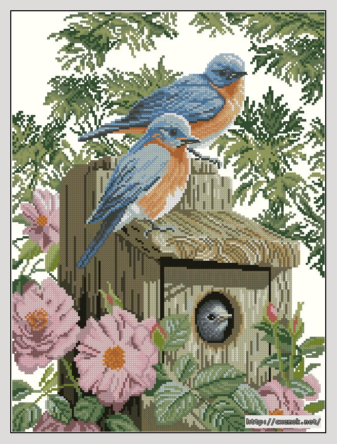 Скачать схему вышивки нитками Garden Blue Birds, автор 