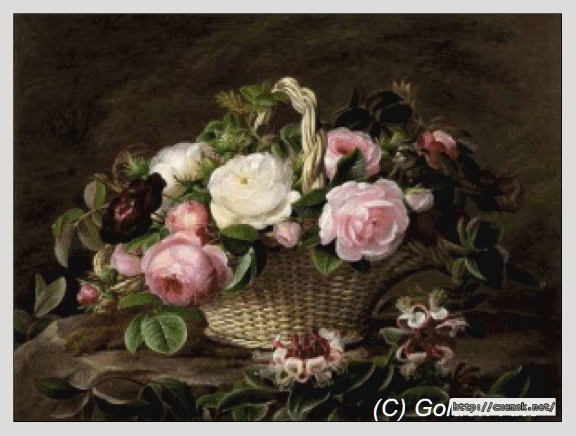 Скачать схему вышивки нитками A Basket of Pink and White Roses with Honeysuckle, автор 