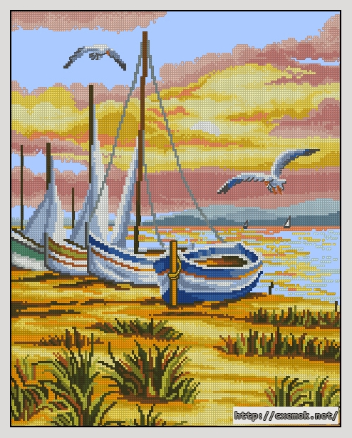 Скачать схему вышивки нитками Boats on The Shore, автор 
