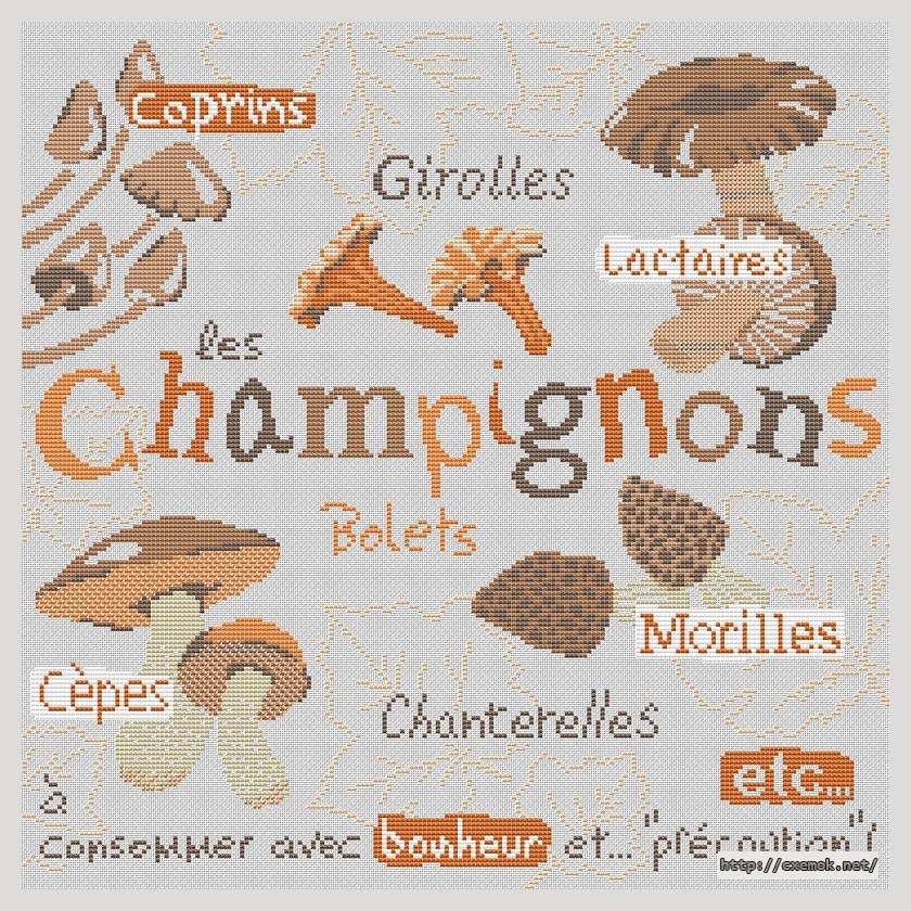 Скачать схемы вышивки нитками / крестом  - Les champignons, автор 