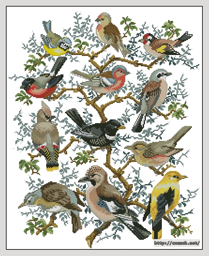 Скачать схемы вышивки нитками / крестом  - Tree with birds, автор 
