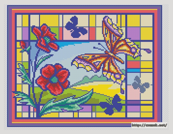 Скачать схемы вышивки нитками / крестом  - Stained glass with butterfly, автор 
