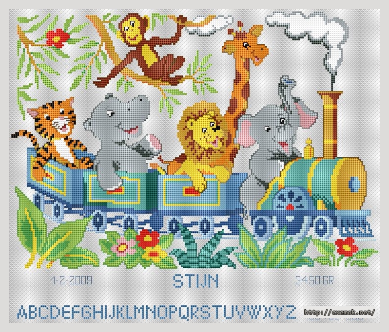 Download embroidery patterns by cross-stitch  - Animal train birth sampler, author 