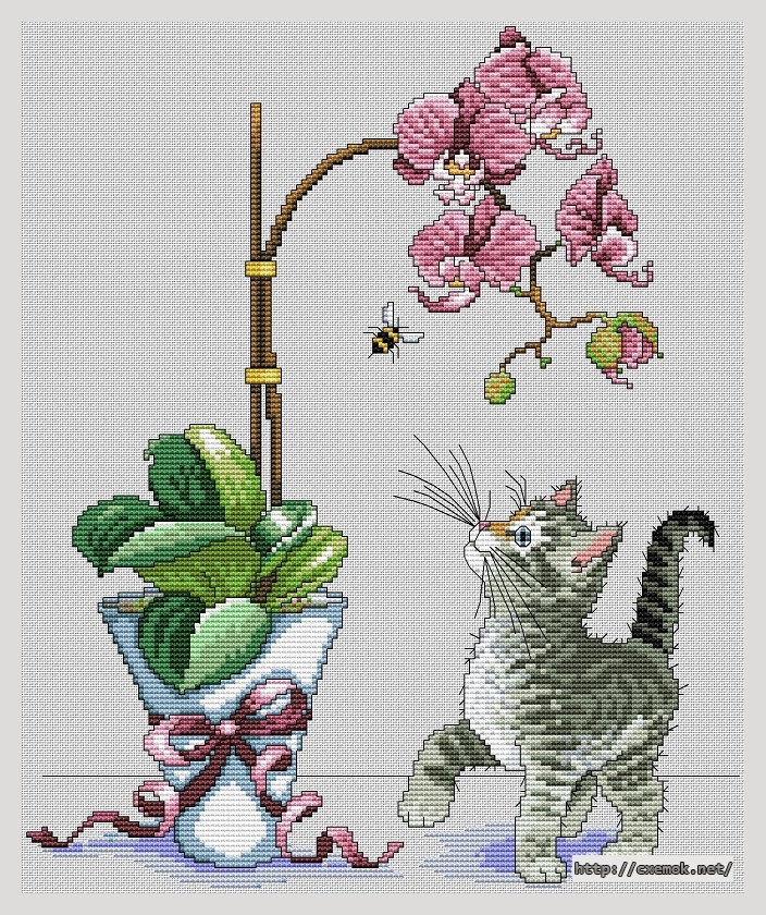 Скачать схему вышивки нитками Orchid Kitty, автор 