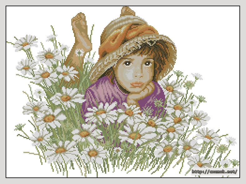 Скачать схему вышивки нитками Little girl in a field of flowers, автор 