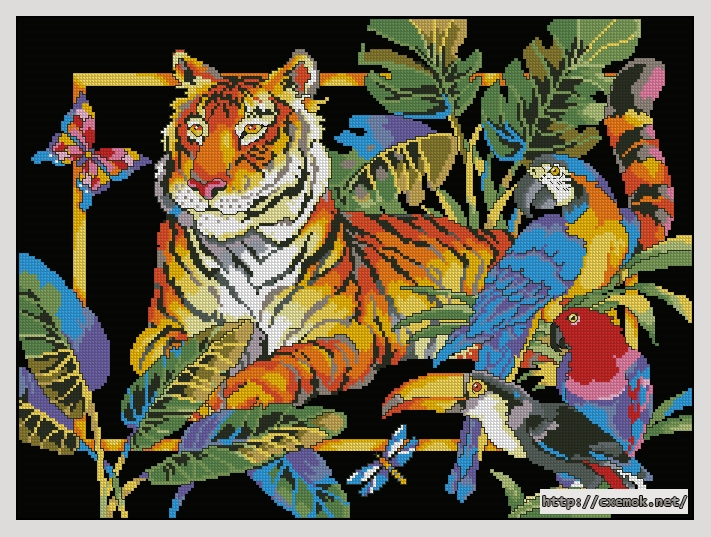 Скачать схемы вышивки нитками / крестом  - Tiger and parrots, автор 